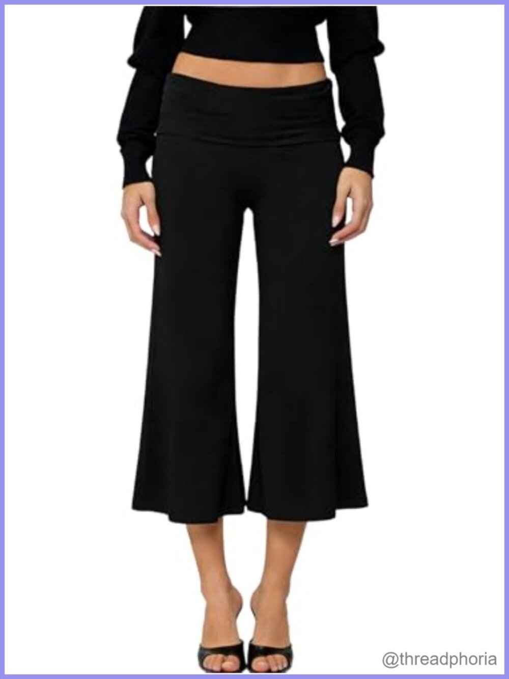 Women's Tummy Control Fold Over Flare Capri Pants 3/4 Length Wide Leg Yoga